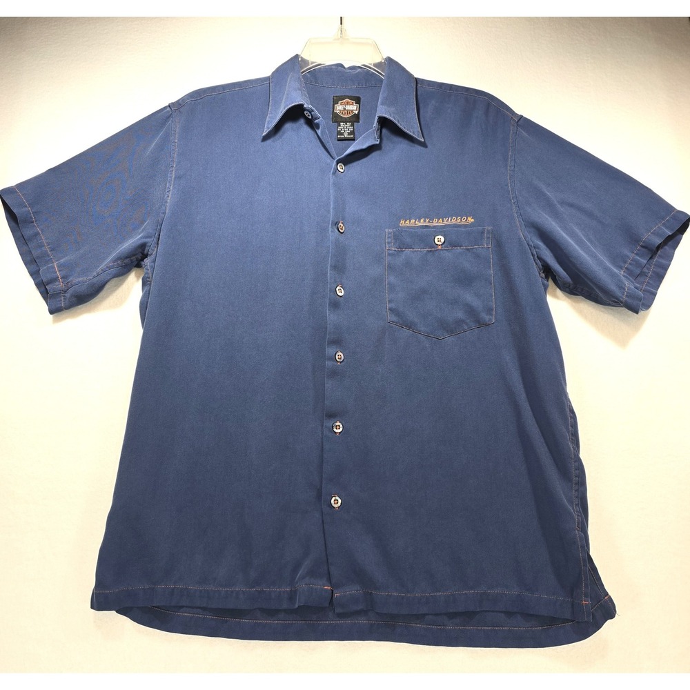 Harley-Davidson Tori Richard Mens Blue 100% Silk Button Up Shirt Med Embroidered